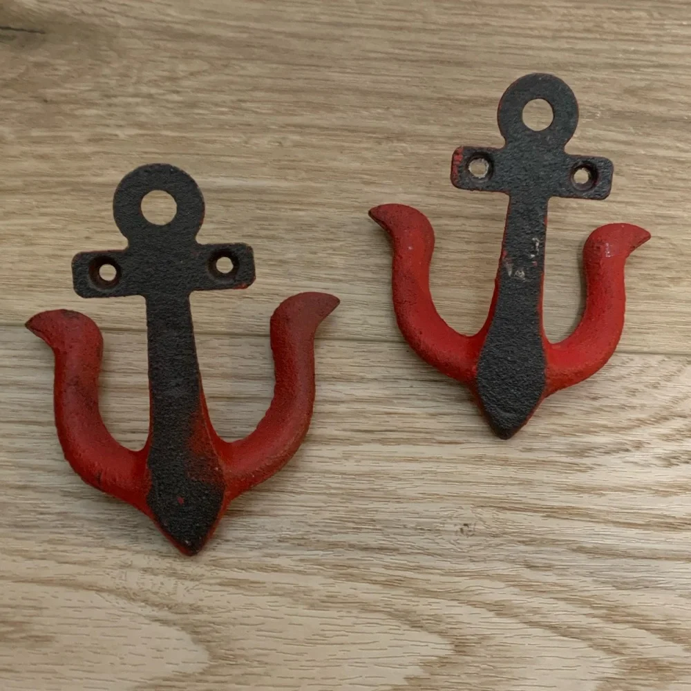 Cast Iron Red Anchor Wall Hooks Hangers Lot of 2
